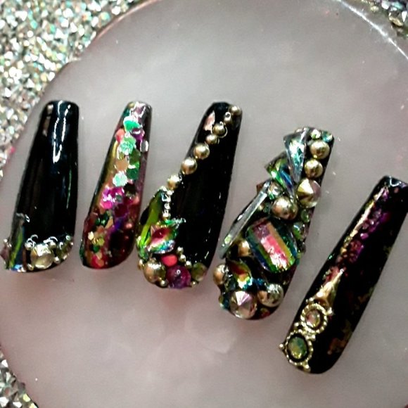 Handmade XL Coffin Hard Gel Press On Nails - Picture 2 of 7